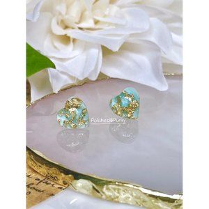 Shimmering Gold Teal heart earrings ~ Heart earrings ~ Gold Earrings gift box
